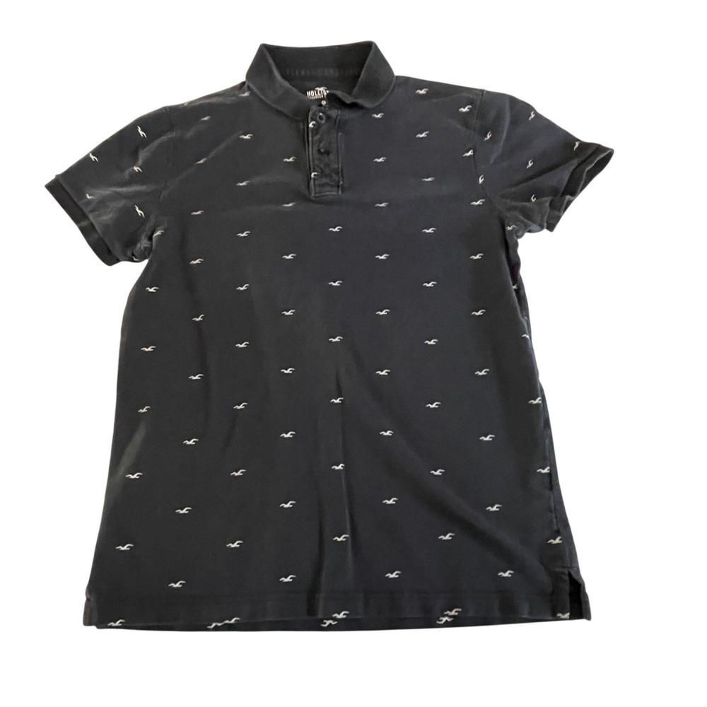 Hollister Men's Polo Shirt Black Advanced Stretch All Over Seagull‎ Print Size M